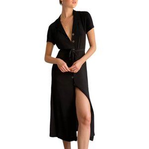 Wilfred Aritzia Black Button front Shirt midi dress notched lapel waist tie